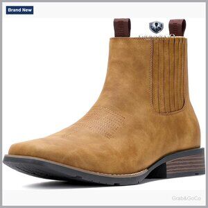 Men's Square Toe Chelsea Western Boots Slip On Ankle Work Casual